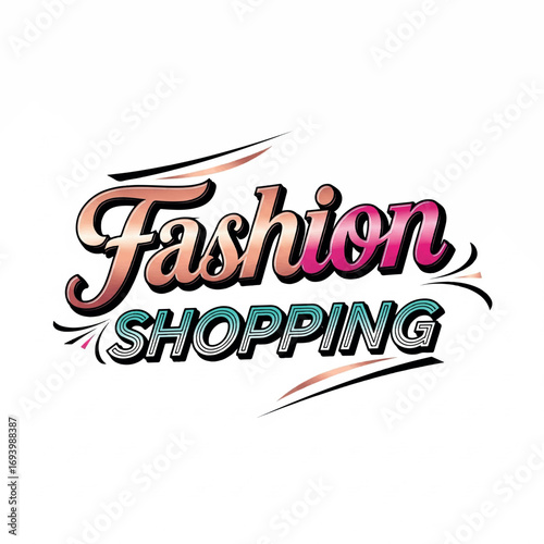 Vector graphic of the text Fashion in a hand-drawn, whimsical style, bright primary colors, playful elements, white background, twilight light, with a neon glow effect framing the text