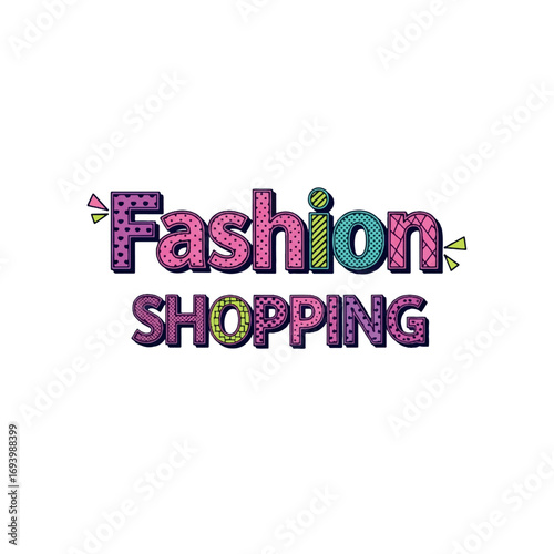 Vector graphic of the text Fashion in a hand-drawn, whimsical style, bright primary colors, playful elements, white background, twilight light, with a neon glow effect framing the text