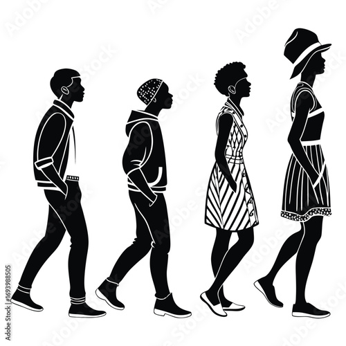Diverse people walking fashion silhouettes black white male
