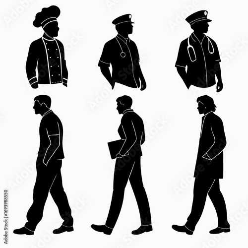 Diverse professional silhouettes in black and white chef doctor