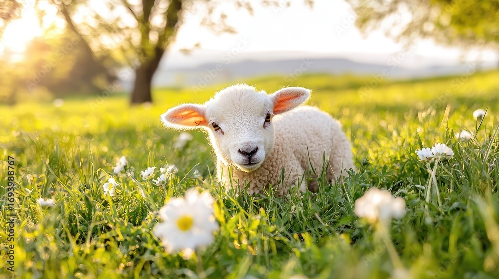 Fototapeta premium Adorable Lamb in Blooming Meadow Surrounded by Flowers on a Sunny Day with Soft Light and Green Grass