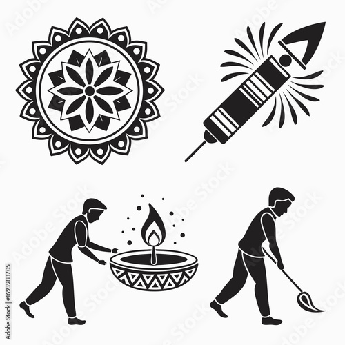 Diwali icons diya rangoli firecracker sweeping lamp