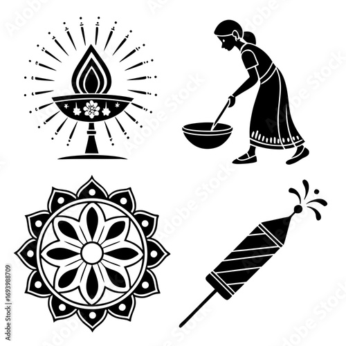 Diwali icons woman diya rangoli firecracker silhouette lamp