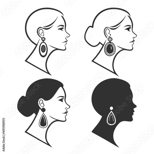 Elegant female profiles adorned with decorative earrings silhouette woman