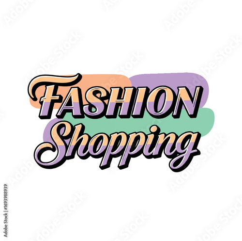 Vector graphic of the text Fashion in a hand-drawn, whimsical style, bright primary colors, playful elements, white background, twilight light, with a neon glow effect framing the text