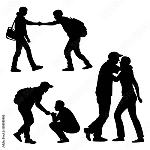 Five people interacting in silhouette interaction handshake