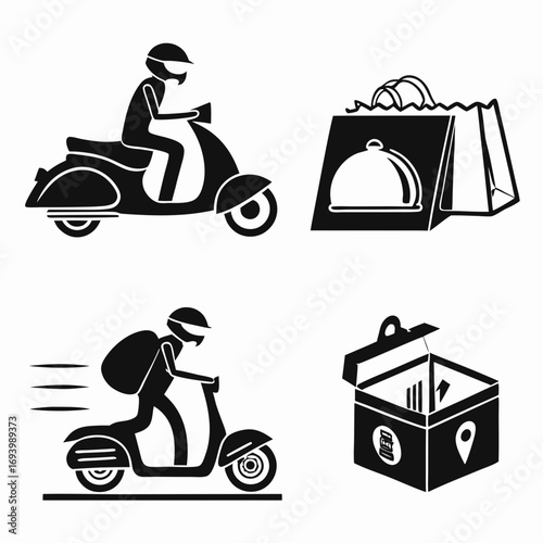 Food delivery icons scooter bags box motorcycle delivery bag