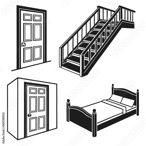 Four architectural elements interior design objects door stairs
