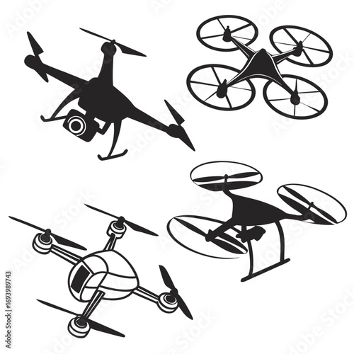 Four black drone and quadcopter silhouettes aerial vehicle aircraft