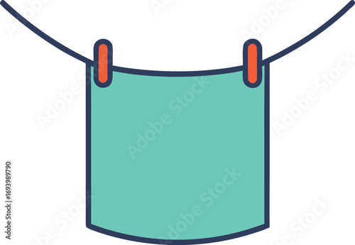 Simple icon of a teal cloth hanging on a clothesline with red clothespins