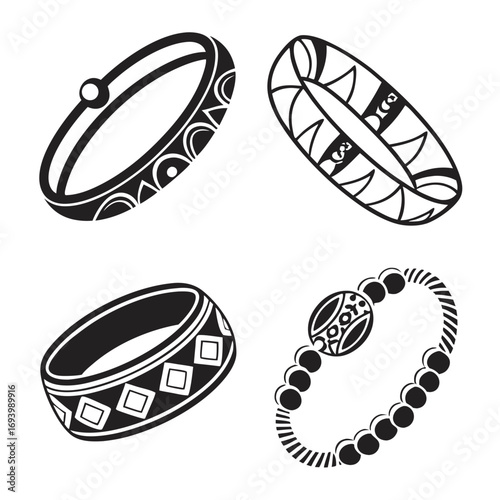 Four black silhouette bracelets and bangles with patterns jewelry accessory