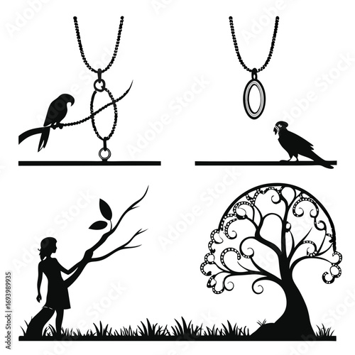 Four black silhouette designs necklace chain bird tree girl white