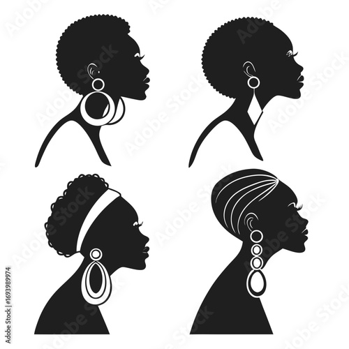 Four black silhouette profiles of women wearing earrings vector