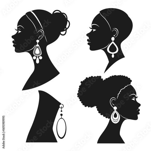 Four black silhouette profiles women earrings vector