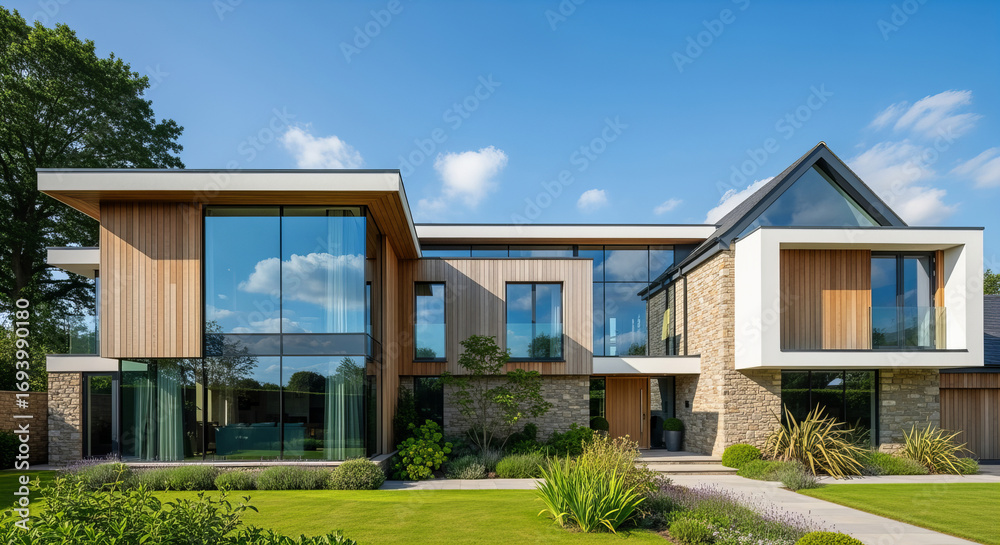 Fototapeta premium Contemporary villa with glass facade and wooden accents in daylight 