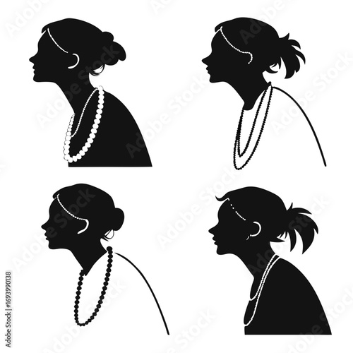 Four female profiles adorned with pearl necklaces silhouette woman