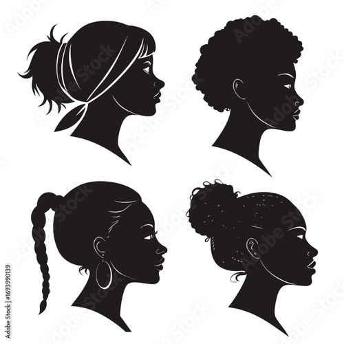 Four female profile silhouettes diverse hairstyles head