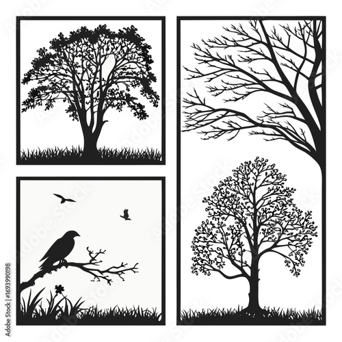 Four framed silhouettes of trees and birds branch grass