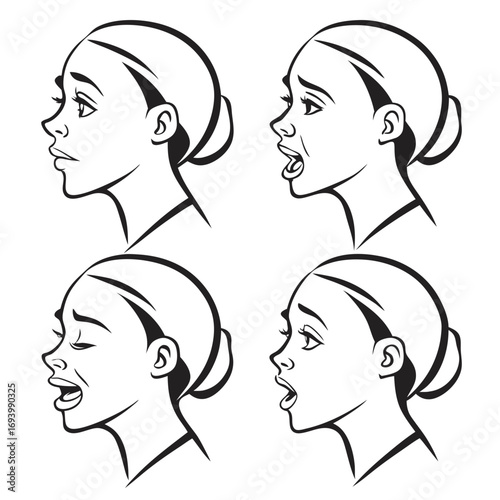 Four profile faces expressing emotions black and white illustration