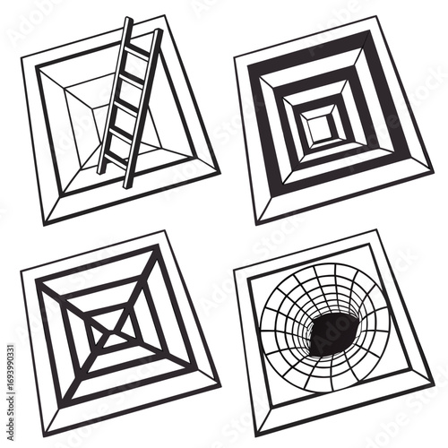 Four optical illusion squares with ladder and vortex black and white