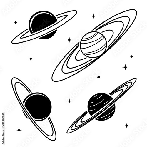 Four ringed planets and stars rings space