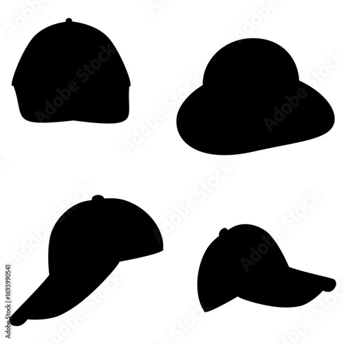 A set of four black hat and cap silhouettes, featuring different headwear styles. Perfect for fashion design, accessories, apparel branding, icons, and minimalist illustrations.
