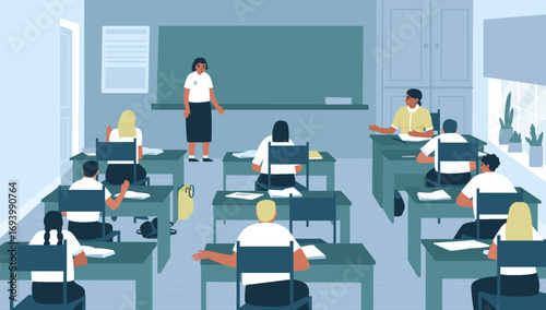 At school, a girl answers at the blackboard. A lesson is underway at school. The teacher asks questions to the student. Vector illustration in a flat style.