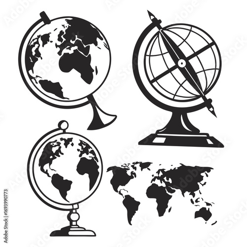 Globes and world map silhouettes earth geography