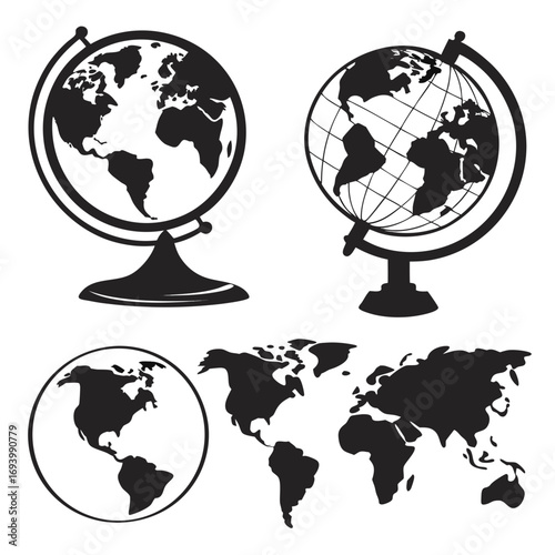 Globes and maps educational tools silhouettes vector