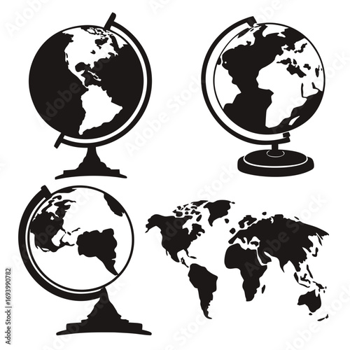Globes and world map silhouettes education black and white