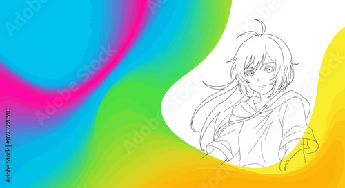 Anime girl sketch with colorful abstract background, digital art illustration.