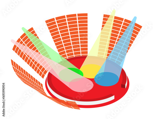 Isometric Circus arena surrounded by rows of spectator seats in the rays of multi colored spotlights. Realistic 3D vector concept isolated on white background