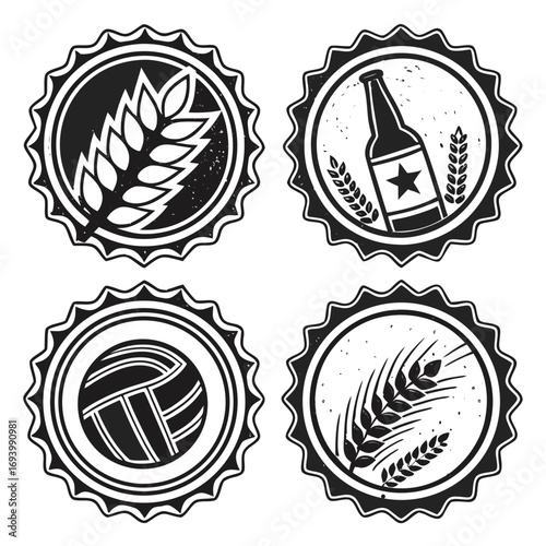 Grunge style beer bottle cap emblems wheat barley beer cap badge