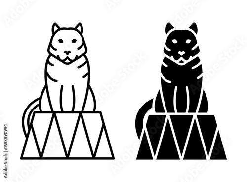 Linear icon. Trained tiger sits on a circus pedestal waiting for trainer command. Simple black and white vector isolated on white background