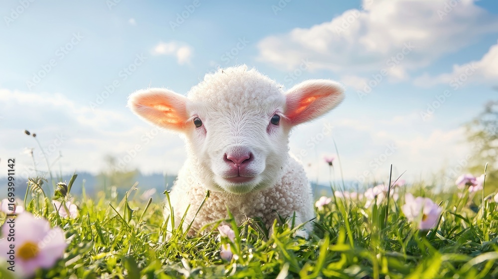 Fototapeta premium Adorable Baby Lamb Surrounded by Colorful Flowers in a Serene Pastoral Landscape Under a Bright Blue Sky