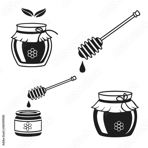 Honey jars and dippers with drips and leaves honey dipper leaf