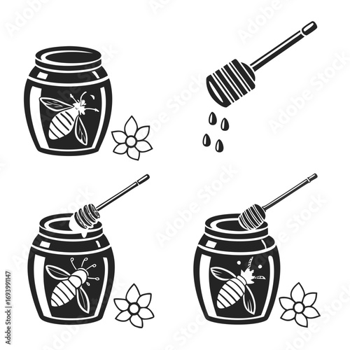 Honey jars bees flowers and dippers icons honey dipper dripping honey