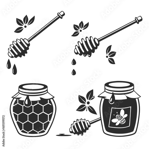 Honey jars dippers leaves bee honey dipper dripping honey