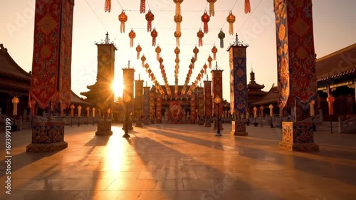 Cinematic HDR Scene of Vibrant Cultural Festival Plaza with Lanterns and Flags