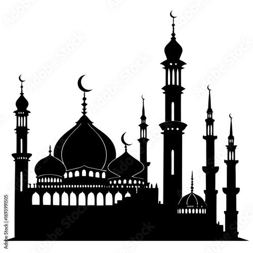 Islamic mosque silhouette with crescent moons and minarets architecture black and white