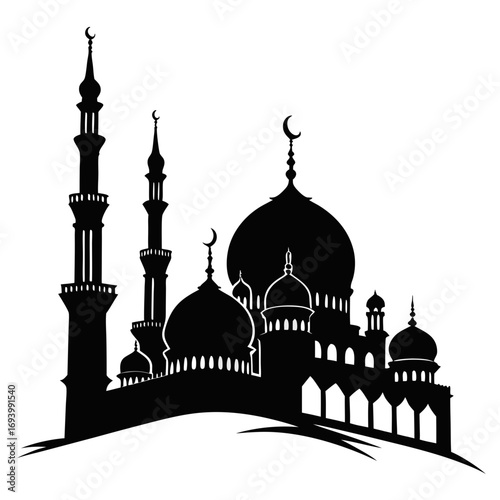 Islamic mosque silhouette with domes and minarets architecture black