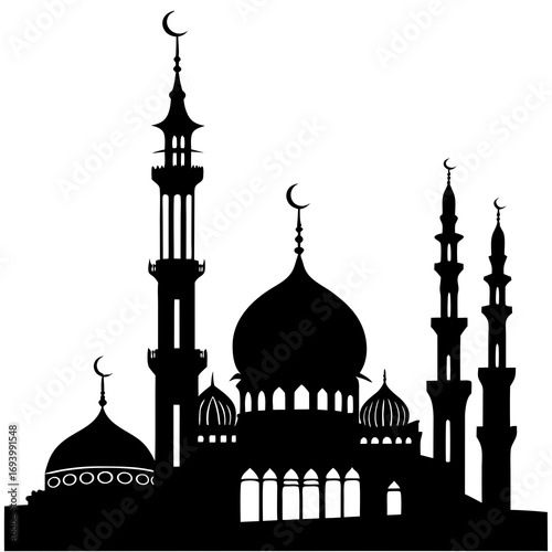 Islamic mosque silhouette with domes and minarets black white
