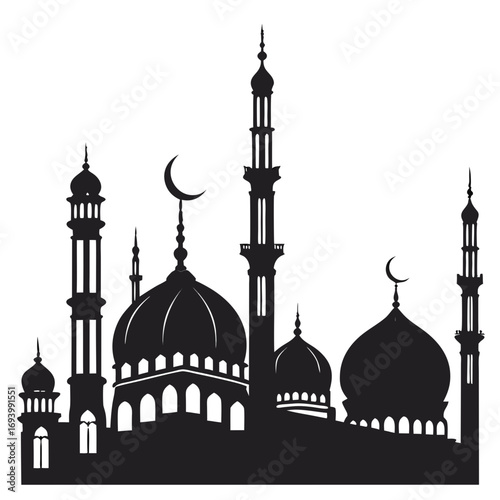 Islamic mosque silhouette with domes and minarets architecture