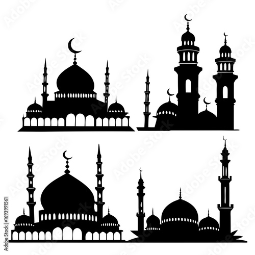 Islamic mosque silhouettes with crescent moons architecture black