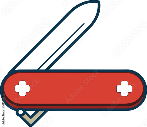 Iconic red swiss army knife with open blade and white cross emblems