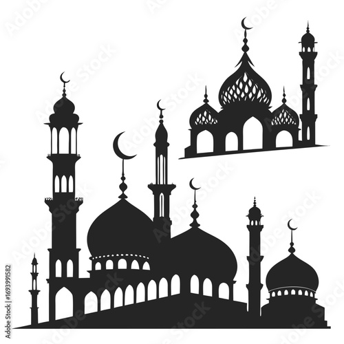 Islamic mosque silhouettes with crescent moons architecture