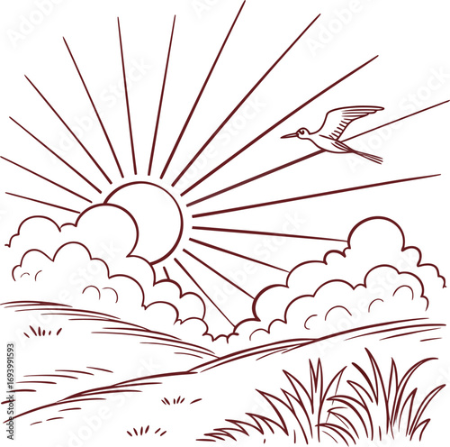 Sunny blue sky with cartoon clouds and sun rays vector illustration for summer nature design