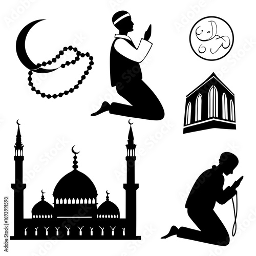 Islamic prayer icons crescent moon mosque prayer beads calligraphy vector
