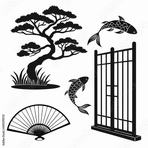 Japanese ink style silhouettes bonsai fish fan gate tree