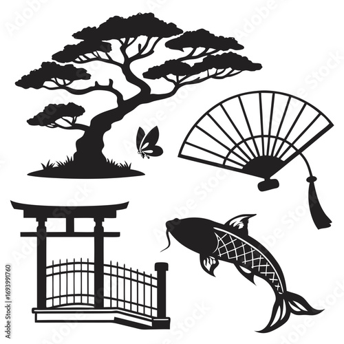 Japanese ink style silhouettes bonsai torii gate fan koi butterfly vector